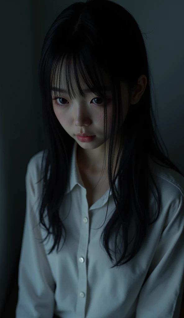 A 16-year-old girl wearing black clothes and crying bloody tears in a room with only one candle lit on a dark night.