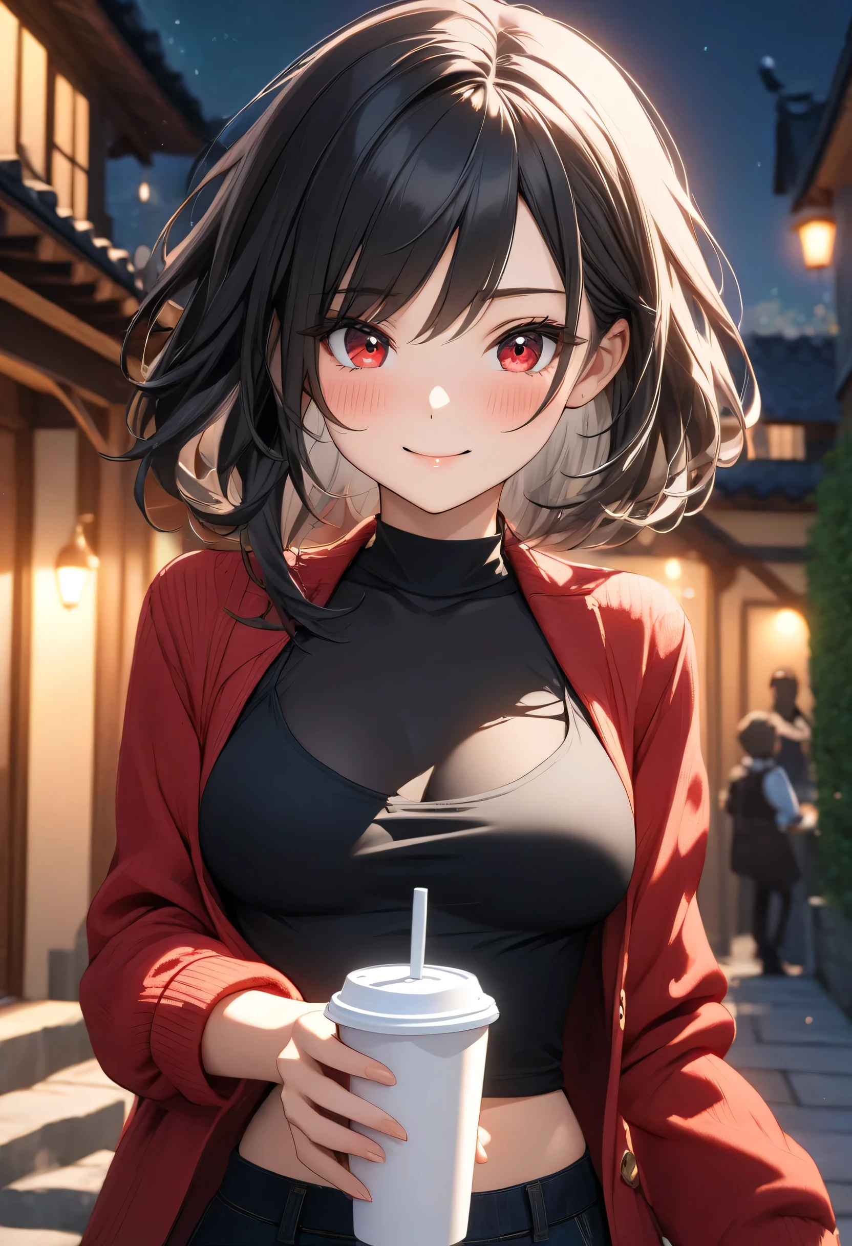 masterpiece, best quality, high resolution jockstrap, UHD, perfect pixels, depth of field, 4k, RTX, hdr))), 1 girl, single, , alone, half body, beautiful anime girl , Beautiful Art Style, Take from the chest up , anime character style hairstyle, ((little smile, childish gaze, you are closing one eye, short, straight black hair layered to the front, ,)), (Red Eyes, beautiful and striking eyelashes,), (Cara detallada, blush: 1.1), (smooth texture: 0.6, realistic texture: 0.4, photorealistic: 1.1, anime cg style), perfect body, beautiful medium breasts, (dynamic angle, foreground neckline, is in front welcoming the spectator. you are holding a white disposable cup in your hand and with the other you are pointing at a person you are talking to,) , (wears a red denim jacket, black blouse and tight black pants, in the background you can see people in the courtyard of a residence and some lamps because it's night