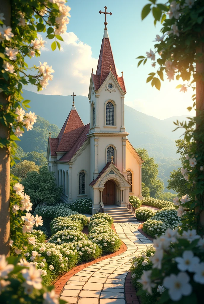 Medium-sized church with an obvious cross in a jasmine garden at an elevated angle
