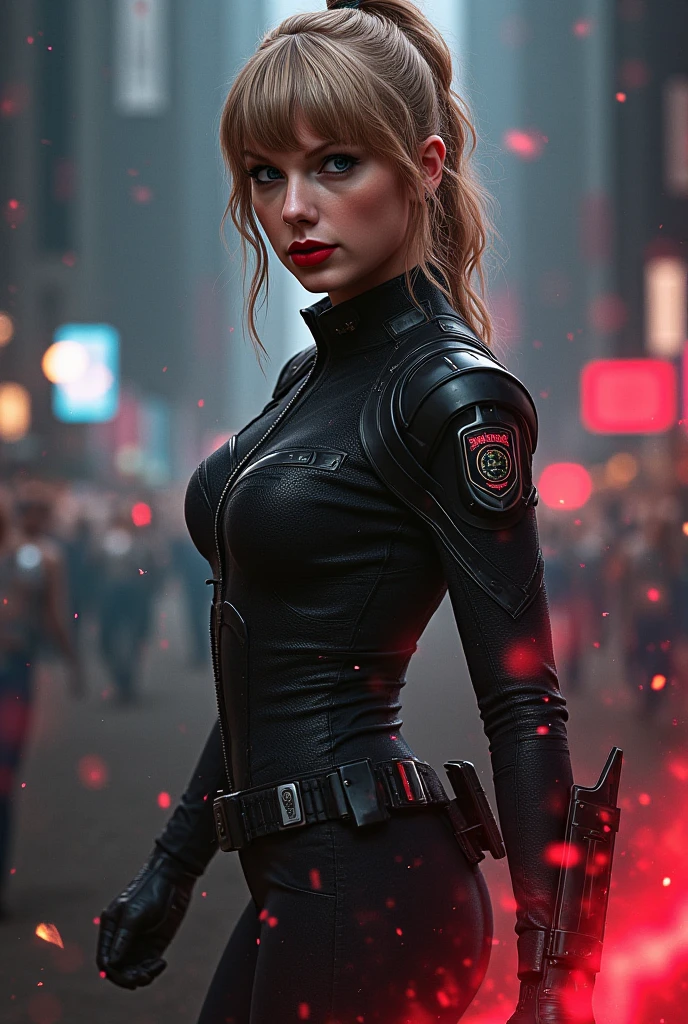 In this captivating image, , the central female character (Taylor Swift,  linda face), Medium blond hair tied, uniforme preto de black widow completo,  combat pose, ( battle scenario in the background ), half-length portrait, sensual,  linda, Hypnotic, concept art, highly detailed, vibrant colors, bioluminecent , artstation, behance, deviantart,  rifle inspired by the manga Innocent , inspired by Marvel Comics concept art, trend, Amanda Sálvia, Jim Lee-O, extremely realistic.