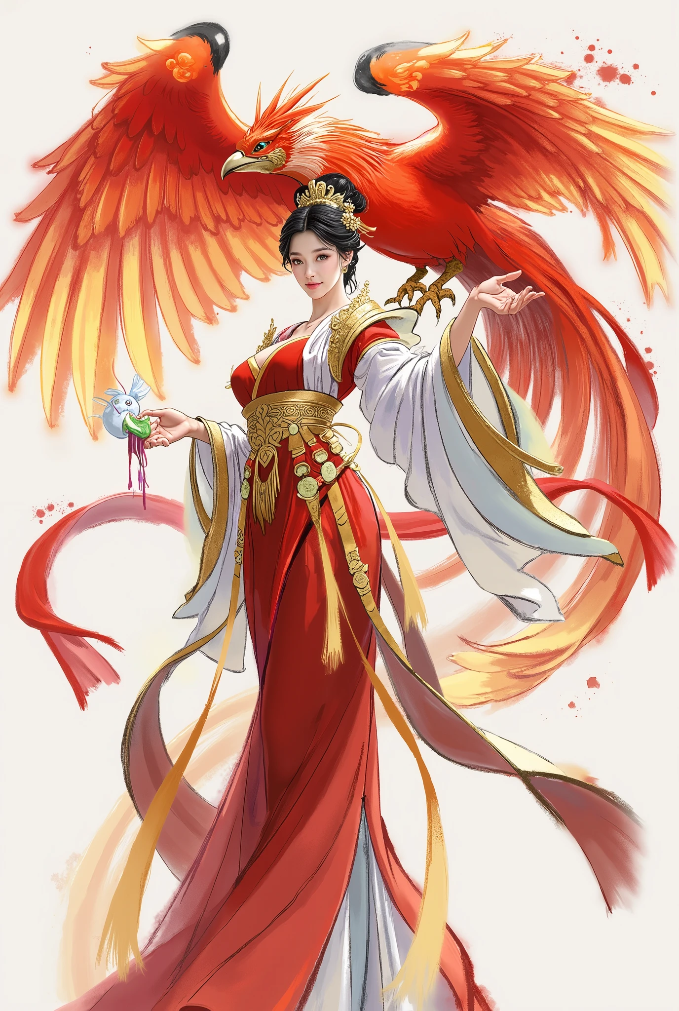 shuimo,Epic CG masterpiece,dynamic poses,stunning colors,3D rendering,cinematic lighting effects,00 renderer,
cleavage,large breasts,.this digital artwork depicts a serene,ethereal woman in traditional chinese attire,holding a phoenix. the composition uses vibrant,flowing colors with dynamic brushstrokes,blending realism with fantasy. the figure is centered,adhering to the rule of thirds,emphasizing her grace and the mythical bird's elegance.,