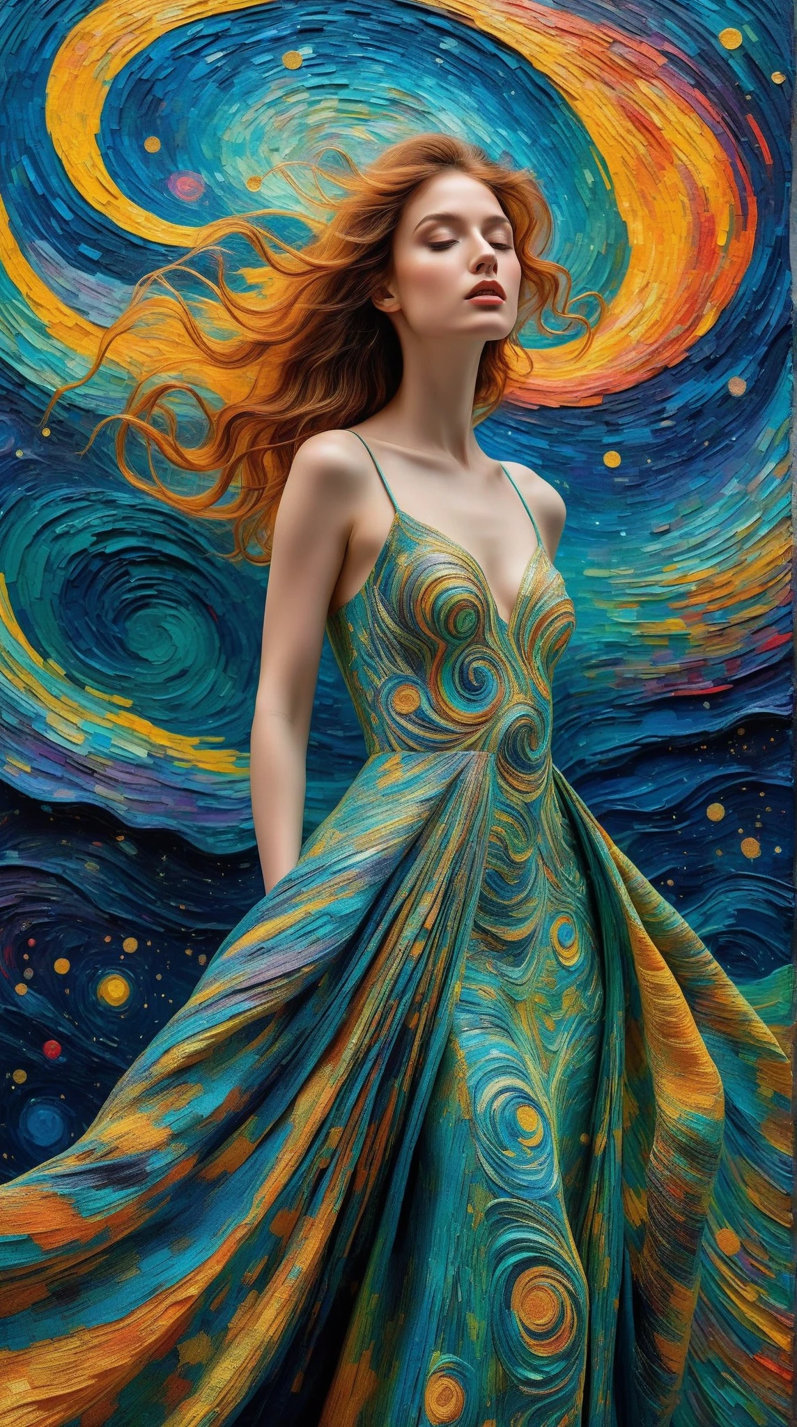 (Ultra-detailed, 8K resolution, hyper-realistic:1.3), soft-toned ethereal palette with subtle gradients, masterful oil painting texture (impressionistic, impasto strokes:1.2), blending Cubist geometry, Fauvist vibrancy, Surrealist dreamscapes, and Abstract expressionism into a cohesive avant-garde fashion design.**  very beautiful, very elegant

**A striking woman stands at the center, her gown morphing dynamically: angular Cubist patterns cascade into bold Fauvist color blocks, surreal floral motifs, and fluid Abstract shapes. Celestial constellations (Van Gogh-inspired swirling galaxies, luminescent stars:1.2) embroider her attire, merging seamlessly with a cosmic starry sky backdrop. The scene radiates otherworldly depth, with iridescent stardust, chromatic aberrations, and a soft chiaroscuro glow highlighting her poised figure. Richly textured canvas, dynamic composition, and a harmonious fusion of art movements evoke a timeless, museum-quality masterpiece.**  

**Additional keywords:** Subtle gold leaf accents, Art Nouveau elegance, fragmented mirrors (Surrealism), prismatic light diffusion, cosmic serenity.  

---  
This prompt emphasizes technical quality, interweaves specific art movement influences into the design, and creates a cohesive, dreamlike narrative between the figure and the cosmos. Weightings (e.g., `:1.2`) can be adjusted based on your AI tool’s syntax.