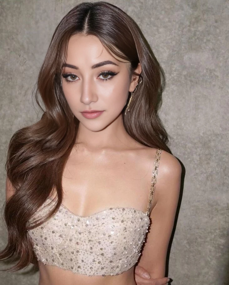 alta qualidade, realista, modelo chinesa de cabelos longos castanhos e olhos castanhos claros, no metgala