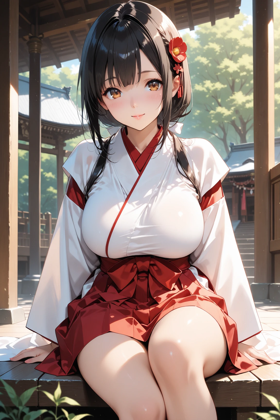 、Kindergarteners、、6 years old、、 of、one person,nature,null, cloud,reimu hakurei, embarrassing expression,embarrassing,blush,huge breasts,squatting with legs apart,Cute patterned panties,shrine maiden costume,I can see through my clothes,pussy,pussy,open your legs,I can see your nipples