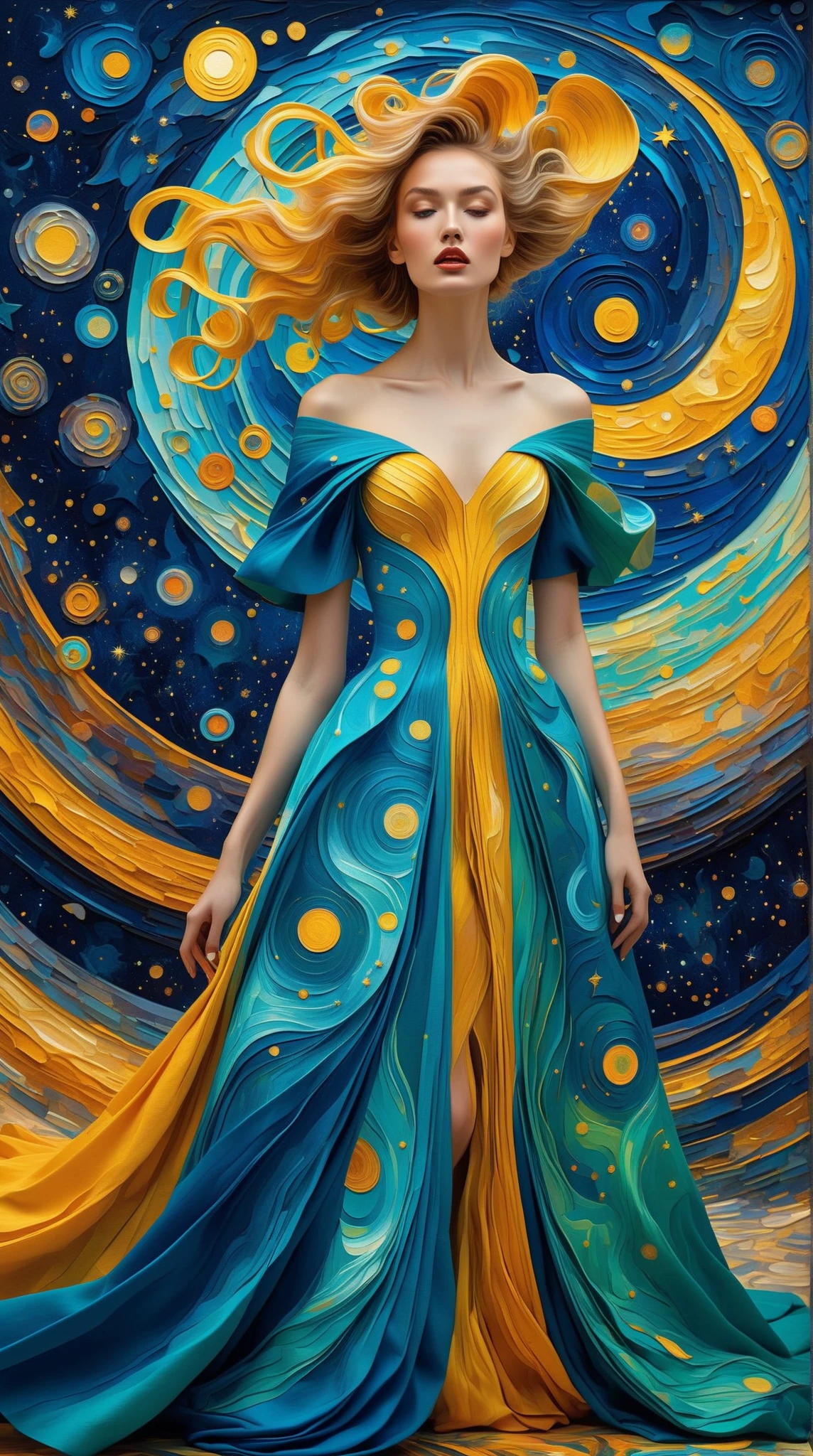 (Ultra-detailed, 8K resolution, hyper-realistic:1.3), soft-toned ethereal palette with subtle gradients, masterful oil painting texture (impressionistic, impasto strokes:1.2), blending Cubist geometry, Fauvist vibrancy, Surrealist dreamscapes, and Abstract expressionism into a cohesive avant-garde fashion design.**  very beautiful, very elegant

**A striking woman stands at the center, her gown morphing dynamically: angular Cubist patterns cascade into bold Fauvist color blocks, surreal floral motifs, and fluid Abstract shapes. Celestial constellations (Van Gogh-inspired swirling galaxies, luminescent stars:1.2) embroider her attire, merging seamlessly with a cosmic starry sky backdrop. The scene radiates otherworldly depth, with iridescent stardust, chromatic aberrations, and a soft chiaroscuro glow highlighting her poised figure. Richly textured canvas, dynamic composition, and a harmonious fusion of art movements evoke a timeless, museum-quality masterpiece.**  

**Additional keywords:** Subtle gold leaf accents, Art Nouveau elegance, fragmented mirrors (Surrealism), prismatic light diffusion, cosmic serenity.  

---  
This prompt emphasizes technical quality, interweaves specific art movement influences into the design, and creates a cohesive, dreamlike narrative between the figure and the cosmos. Weightings (e.g., `:1.2`) can be adjusted based on your AI tool’s syntax.