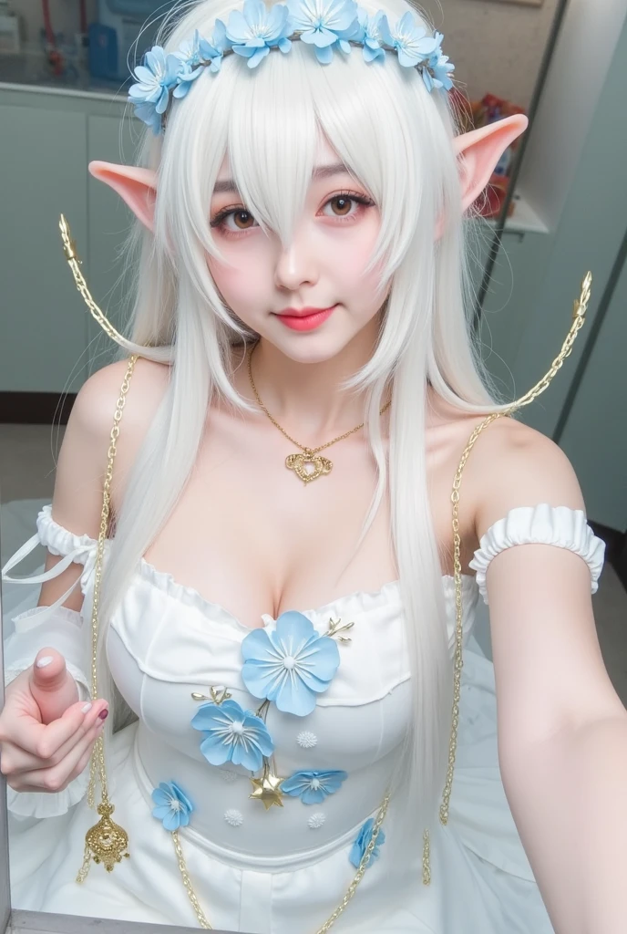 A cute elf girl with white hair and red eyes、She is lying on the bed wearing light green lingerie.。her face is smiling、Her slightly red cheeks are so adorable。Her long elven ears accentuate her features.。

The lingerie is frilly、The soft fabric feels gentle against her skin.。The background is a simple grey、It highlights the girl&#39;s own charm.。Overall warm、There is a soft atmosphere。