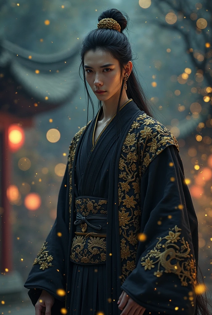 ((extreamly delicate)), 8K, (masterpiece), (best_quality), Enlarged textures, and intricate detailing, finely eye and detailed face, ((anatomically accurate)), anime, illustrious, (WuXia), accurate hands, A tall handsome muscular emperor with pale skin and gloomy face. He is walking in a ancient Chinese palace garden, full of fireflies. The background is night. He wears delicate black Chinese clothes with golden dragon patterns, golden earrings shaped like lotus, long black hair, topknot, and detailed black eyes.