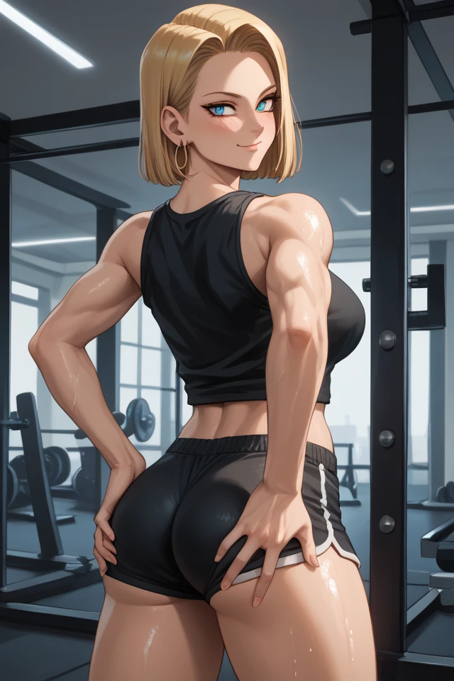 A woman with short blonde hair at the gym, work out clothing, staring at breast, big thighs, highly detailed, Horny, holding crotch, dynamic angle