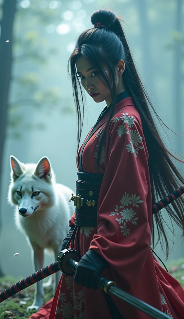 A dreamy fog covers the foreground ( Musashi Miyamoto ) wielding a long Japanese sword, and each powerful blade divides.、A mysterious samurai woman who obscures her vision, Vivid and surreal scenery is revealed, A clear-cut blade in a blurry background, Mysterious background , The sharp gaze of the white fox caught the viewer's eye.., A dreamy fog covers the foreground., piercing,  Clear Eyes , She wields. Elaborate and delicate kimono, Dramatic lighting and colors