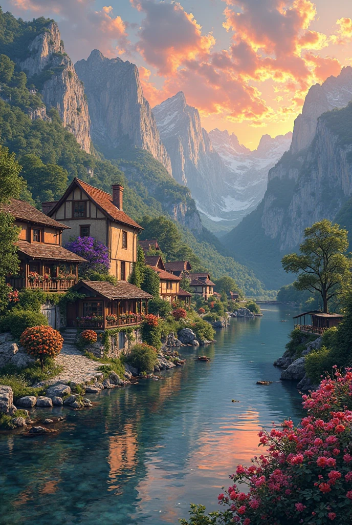 A small village by the river, mountains in the background, colorful flowers, detailed landscape style, beautiful natural scenery, atmospheric lighting,  scorching sunset ,  warm colors, practical, photographic, detailed foliage, complex buildings , cobblestone street, charming country house, vibrant colors, lush vegetation, reflections in the water, pitoresco, idyllic, work of art, Best Quality, 8k, extremely detailed, anime style