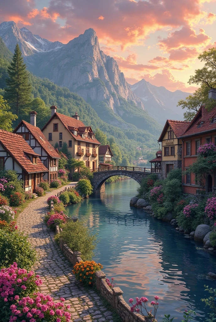 A small village by the river, mountains in the background, colorful flowers, detailed landscape style, beautiful natural scenery, atmospheric lighting,  scorching sunset ,  warm colors, practical, photographic, detailed foliage, complex buildings , cobblestone street, charming country house, vibrant colors, lush vegetation, reflections in the water, pitoresco, idyllic, work of art, Best Quality, 8k, extremely detailed, anime style