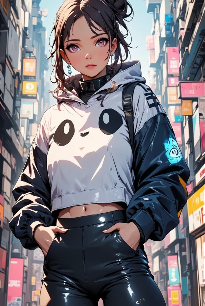A woman in her late twenties with soft but expressive features, hair still in an iconic messy bun but drawn with those fine strands framing her face. Hoodies and leggings, but stylized just enough to show her personality—comfort first, chaos second, but somehow still cute. Her eyes honey color. A cyber panda plush. With a subtle cyber-punk clothing style. It gives “digital dreamscape” meets “tech-witch trapped in the code.” vibes
