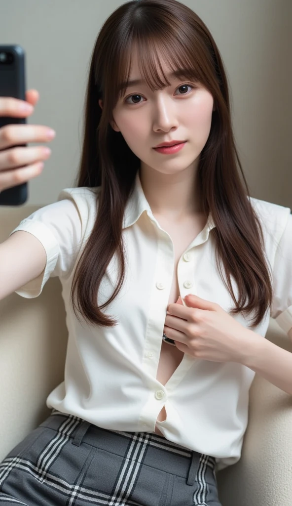 Best Quality, Masterpiece, Ultra High Resolution, (Realistic: 1.4), Original Photo, Head Photo, Skin, Simple Background, Black Eyes, D-cup, Detail, Selfie, 1 Girl, white top, street night, and holding a phone in hand,