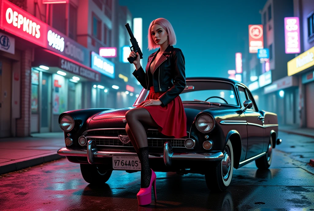 Retro sexy  young girl, white skin, black jacket, blouse, red skirt, black lace tights, pink high-heeled shoes, with a gun in his hand, Sitting on the hood of the car Pegasus 1950 glossy black, homeless,  wheels phosphorescent electric blue, a street wet, Fog on the street Makeup, Gradient Hair Color, buildings, starry night Cinematic lighting, semitone, Chiaroscuro, UHD, Very detailed, high quality, The best quality, Post-apocalyptic world alley, Underworld laser rays, Cloudy skies and fogs Big breasts,  breasts, Imax Cinematic lighting, bright light,  Overexposure, high quality, Cyberpunk Big Breasts,  breasts, UHD, from above, Suburb Makeup,  Top teeth , Blush all over the face, red lips, Blushing ears, niebla electrica , shoulder-length fireworks, Neon graffiti, Light on the face 
