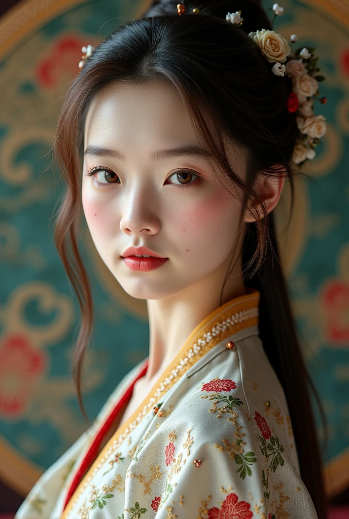 Chinese girl, face full of freckles, light brown eyes and brown hair, wearing blue antique Chinese dress, background is ancient Chinese tambourine.