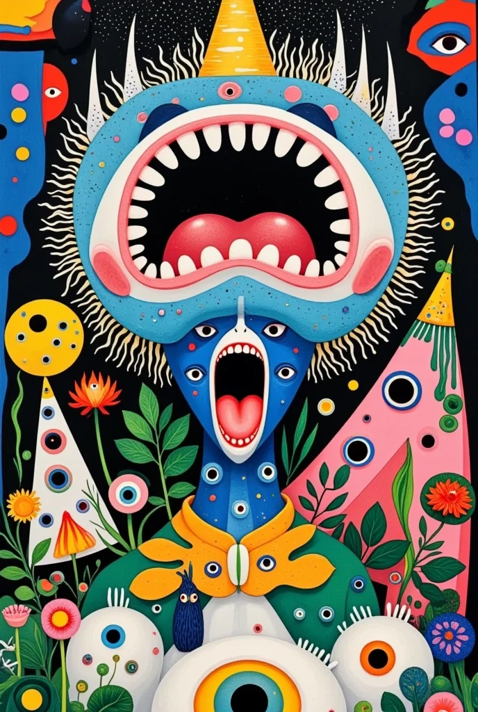 Children's graffiti,Thick coating,Concave and convex texture,Oil pastel strokes:Long Tongue Monster、house、flowesh、Tentacles、bird、Eye、diatom,Abstract mosaic painting,Describing the inner world of autistic people,Sense of space,White Space,interesting,Innocence,Psychedelic Art,Orange overall,Cubism