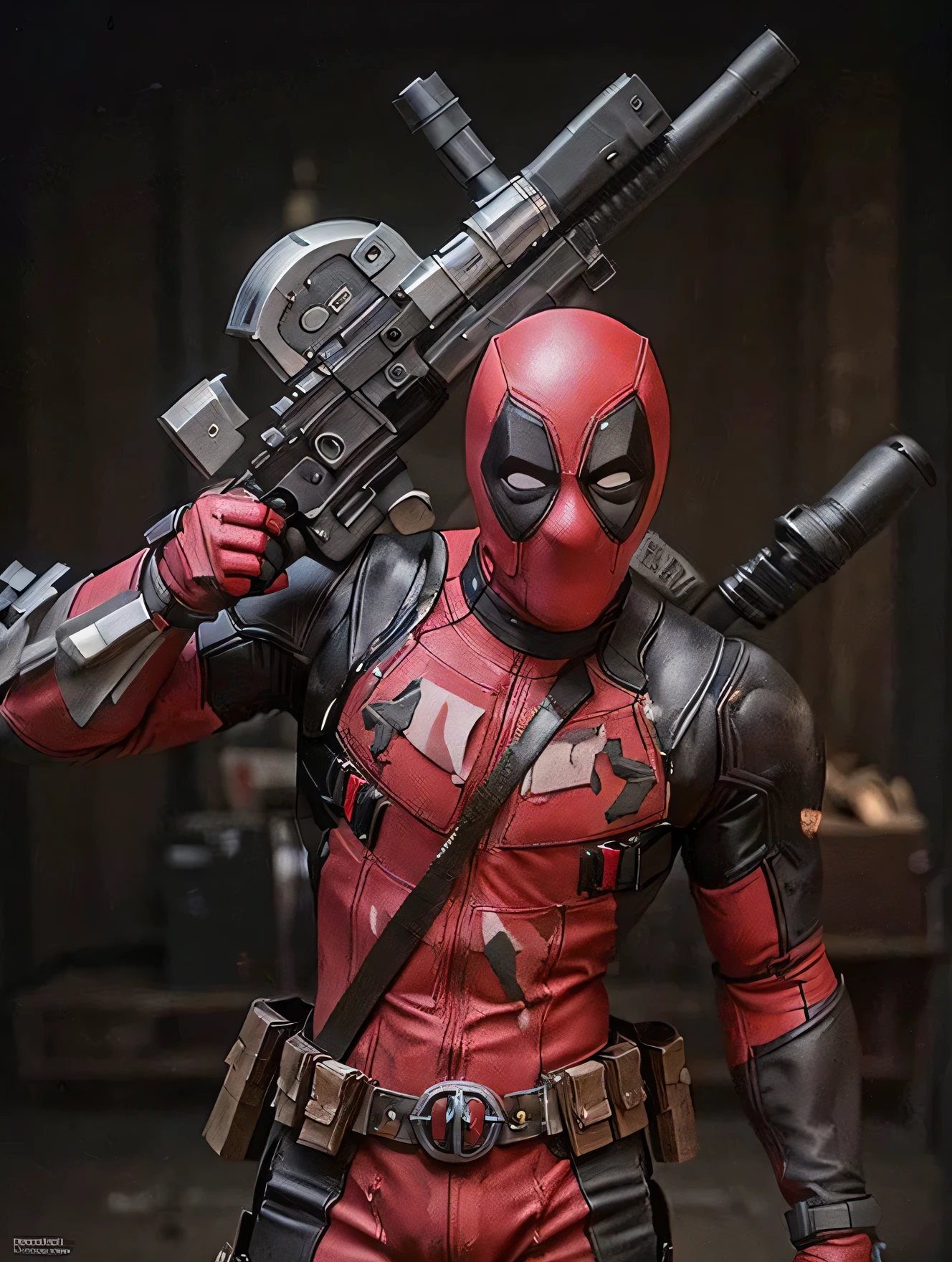 a close up of a deadpool figure holding a gun, deadpool, ryan reynolds dead pool, mandalorian deadpool, portrait of deadpool, deadpool live action costume, high detail iconic character, sideshow collectibles, ryan gosling as deadpool, first 4 figures, hyper detailed and realistic, super highly detailed, action figurine toy, extremely highly detailed, mega highly detailed