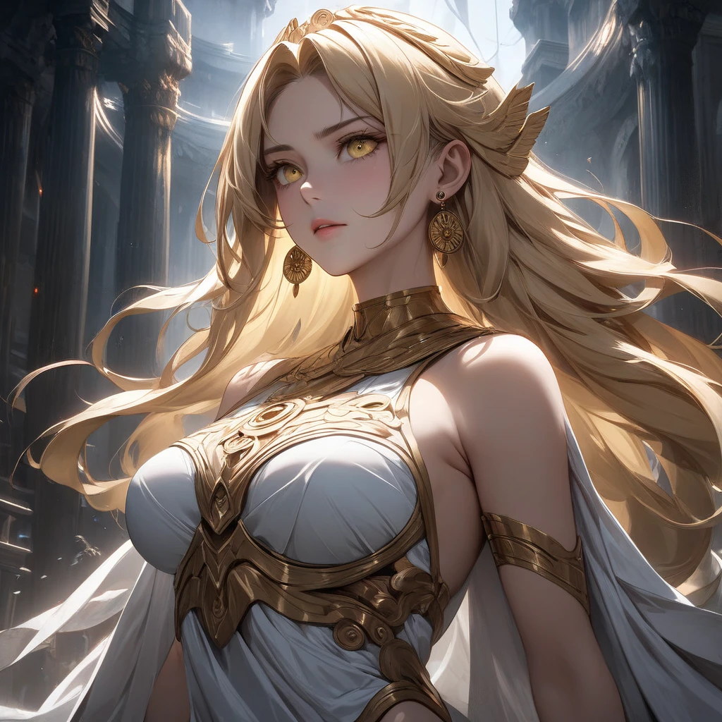 ((extreme quality)), ((Masterpiece)), ((Enrich the picture，Masterpiece level quality)), blonde hair, long hair, medium breasts, golden eyes, fierce woman, ultra eyes details, RAW 4K, Realistically , ((great effect to highlight the subject)) , ( cinematic lighting, moody, textile shading), perfect proportions, ultra detailed, volumetric lighting, soft lighting, glossy skin, beautiful face, Special face details, strong emotions, elegant gesture, Detailed  features, Long eyelashes, contrast, Incredible atmosphere, Fascinating setting, Haunting beauty , ear rings, Spatan, ancient spatan, Athena god, hips up, Massive God city,