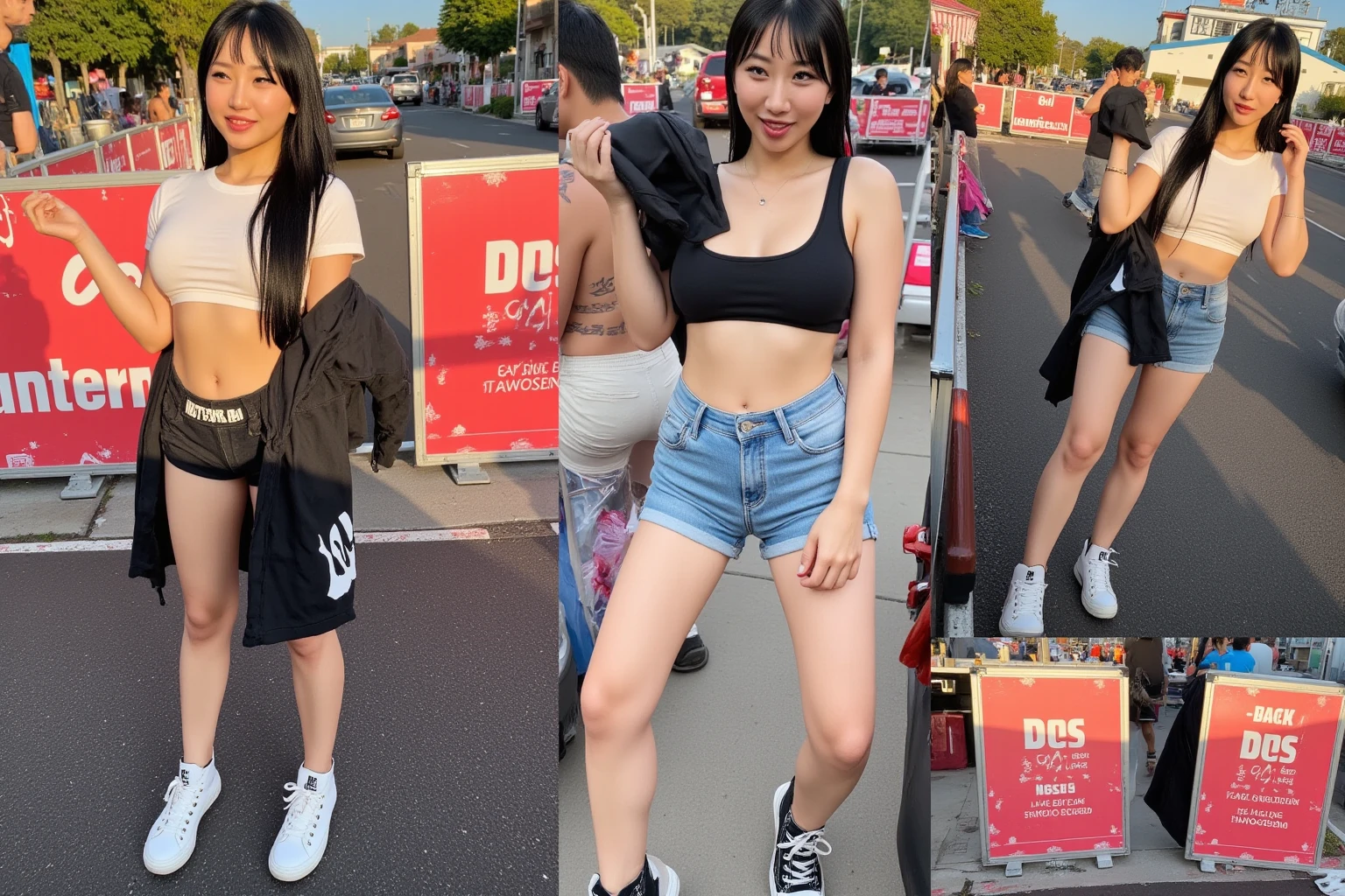 Collage, a cute woman (shorts, nice hair, odd makeup, short tee shirt, jacket tied at waist, no hat, high top sneakers) is enjoying the rides at an amusement park and making silly poses while waiting in long lies, collage of 3 to 5 pictures, go to roller coaster, log slide, zip line, ad / or haunted house