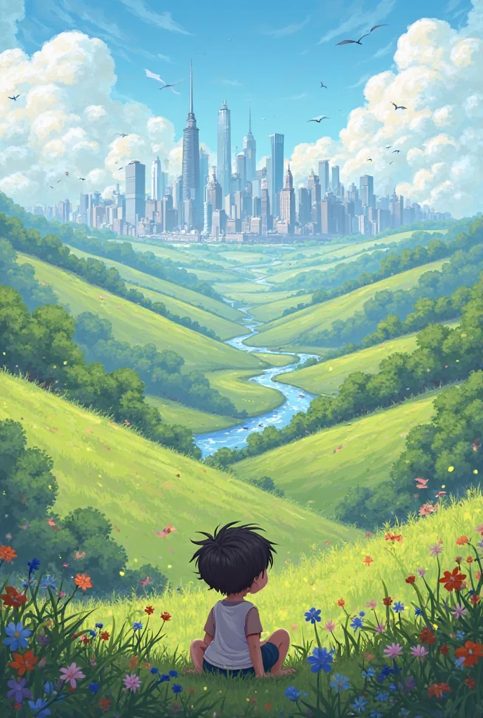 Draw me a picture of him at the bottom of the country playing and marveling at the city. 