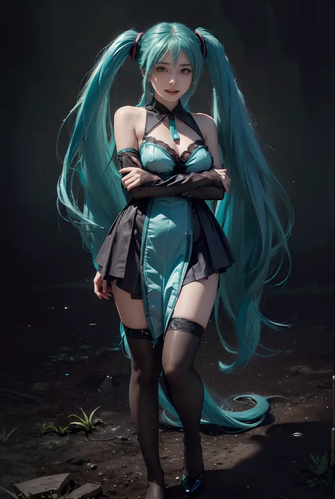 (hatsune miku charakter), tosca hair color, long twin tail hair with pony, looking at the view, eyes on the view, smile (big smile), (open mouth), full body photo, 21 years old girl, perfect body, perfect anatomy, tosca eye color, double eyelids, huge breasts, Highly detailed skin texture, (Realistic skin), Ultra-Detailed Face, Detailed Lips, Detailed Eyes, Double Eyelids, nacklaces, wet skin, wet hair, simple dark room background, (front focus), (in the dark:1.6), deep dark, Hyperrealist portrait of female by david hockney and alphonse mucha, fantasy art, photo realistic, dynamic pose, dynamic lighting, artstation, poster, volumetric lighting, very detailed faces, 4 k, award winning, in the dark, deep shadow, low key, cowboy shot, (purple dress color), luxury satin dress, lighting dress full body photo