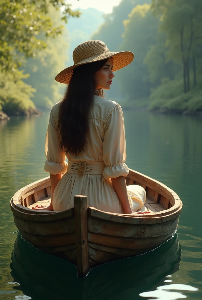 brunette in a hat is sitting in a boat
