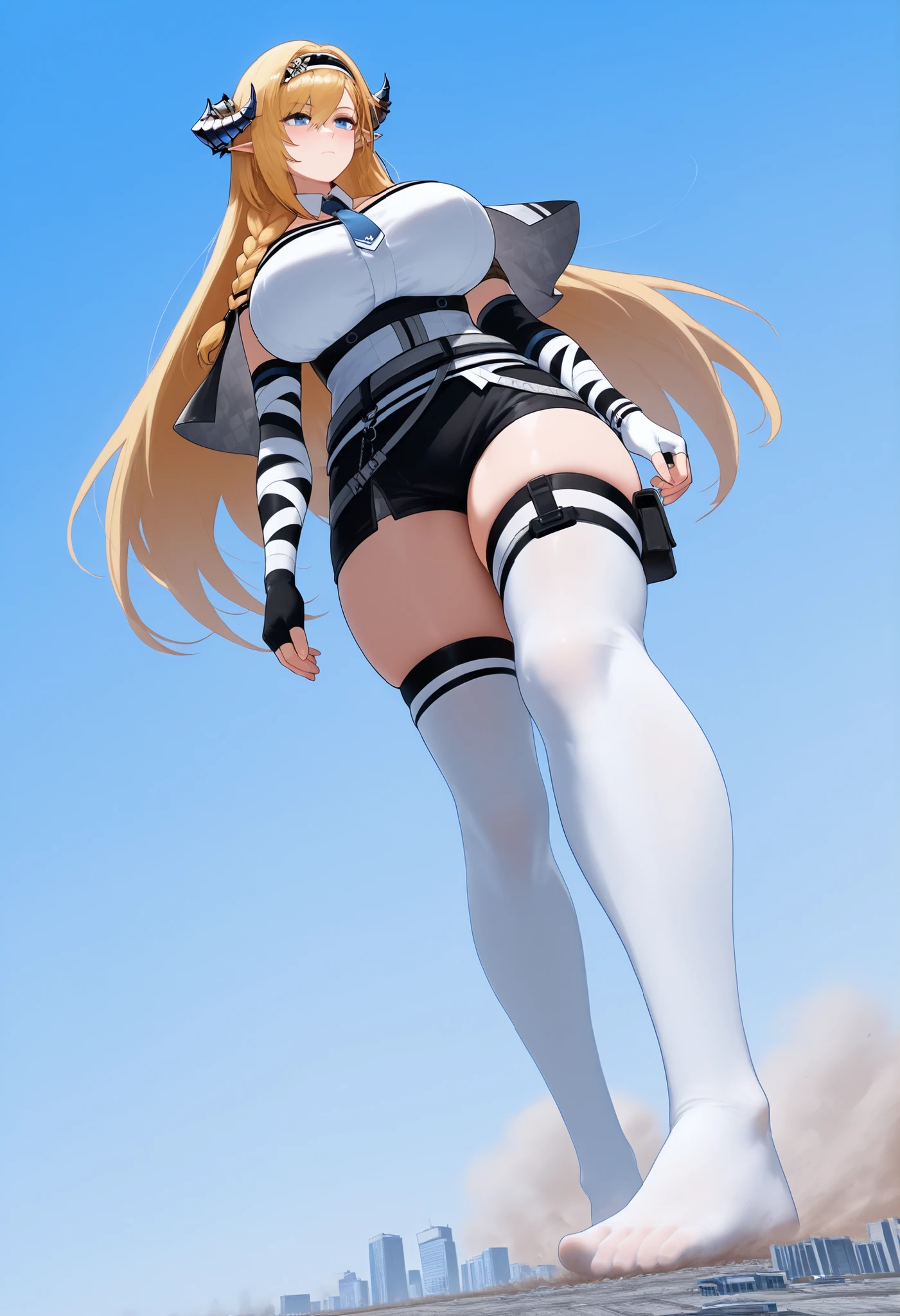 Saileach_arknights,(no shoes:1.4 ), score_9_up, score_8_up, score_7_up, source_anime, 1girl, solo, sky, full body, grey footwear, blonde hair, braid, long hair, blue eyes, horns, white thighhighs, thighhighs, thigh pouch, braid, hairband, white shirt, shirt, underbust, arm strap, black shorts, short shorts, miniskirt, black skirt, belt, strap, blue necktie, detached collar, elbow gloves, two-tone gloves, white gloves, black gloves, fingerless gloves, capelet, two-tone capelet, clothing cutout, dynamic cowboy shot, mini giantess, (thick thighs:1.1), gigantic breasts, Woman crushing the building, on the ground, stretch your legs, collapsing city, Dust cloud, I'm wearing white socks with my toes and heels sticking out, 素足,ソックスを履いた足裏, (from below:1.1)