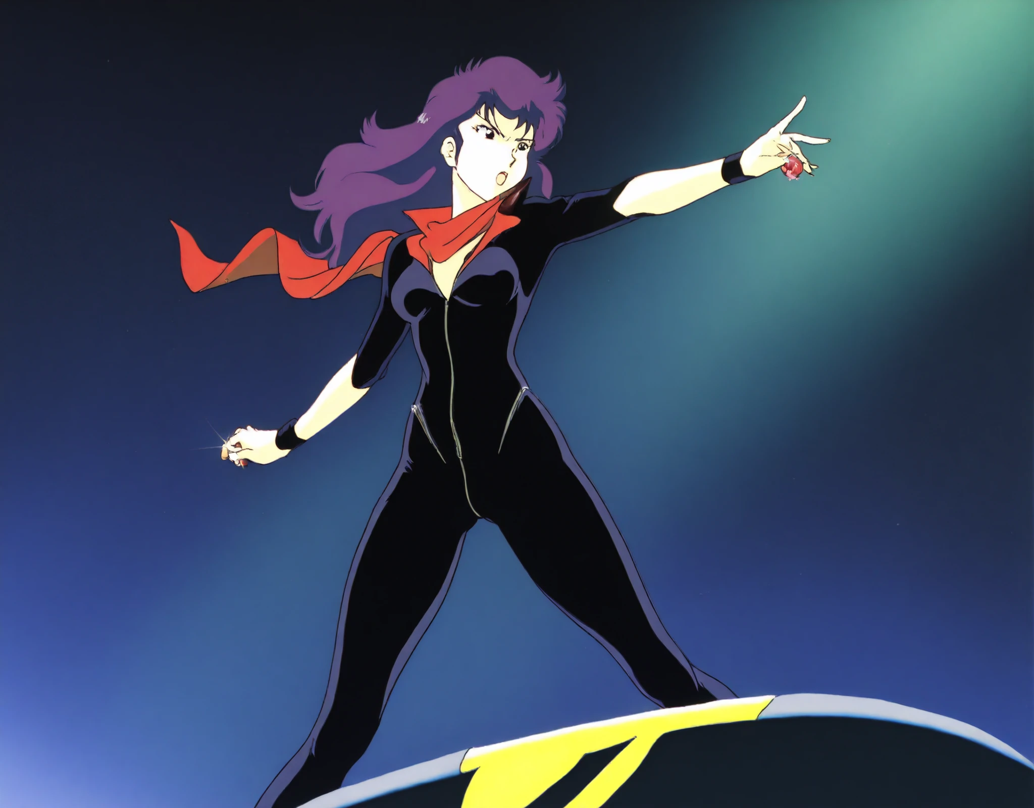 1980s anime style, elegant thief girl with wavy purple hair and a sleek black bodysuit, climbing on rooftops under the moonlight, red scarf fluttering, holding a stolen jewel, retro anime heist vibe, dramatic shadows, cel shading, style inspired by cowboy bebop anand Golden boy