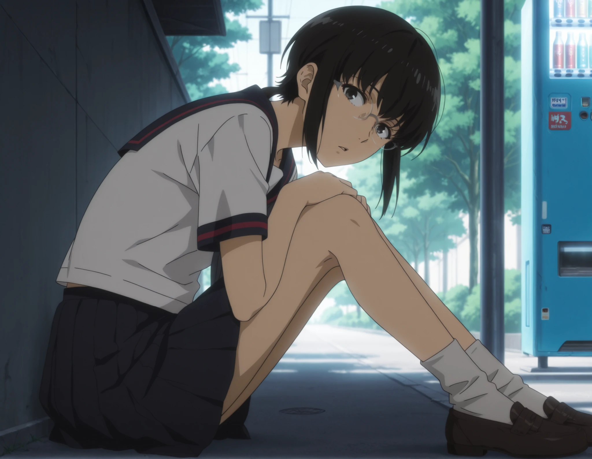 masterpiece, very aesthetic, (anime coloring, anime screenshot), official art, illustration, , Tamako, school uniform, serafuku, sitting, knees up, hot, from the side, bloom, street, trees,, vending machine, close-up, female focus, street light, curb, glasses, looking at viewer, turning head, leaning forward, socks, shoes, shade,