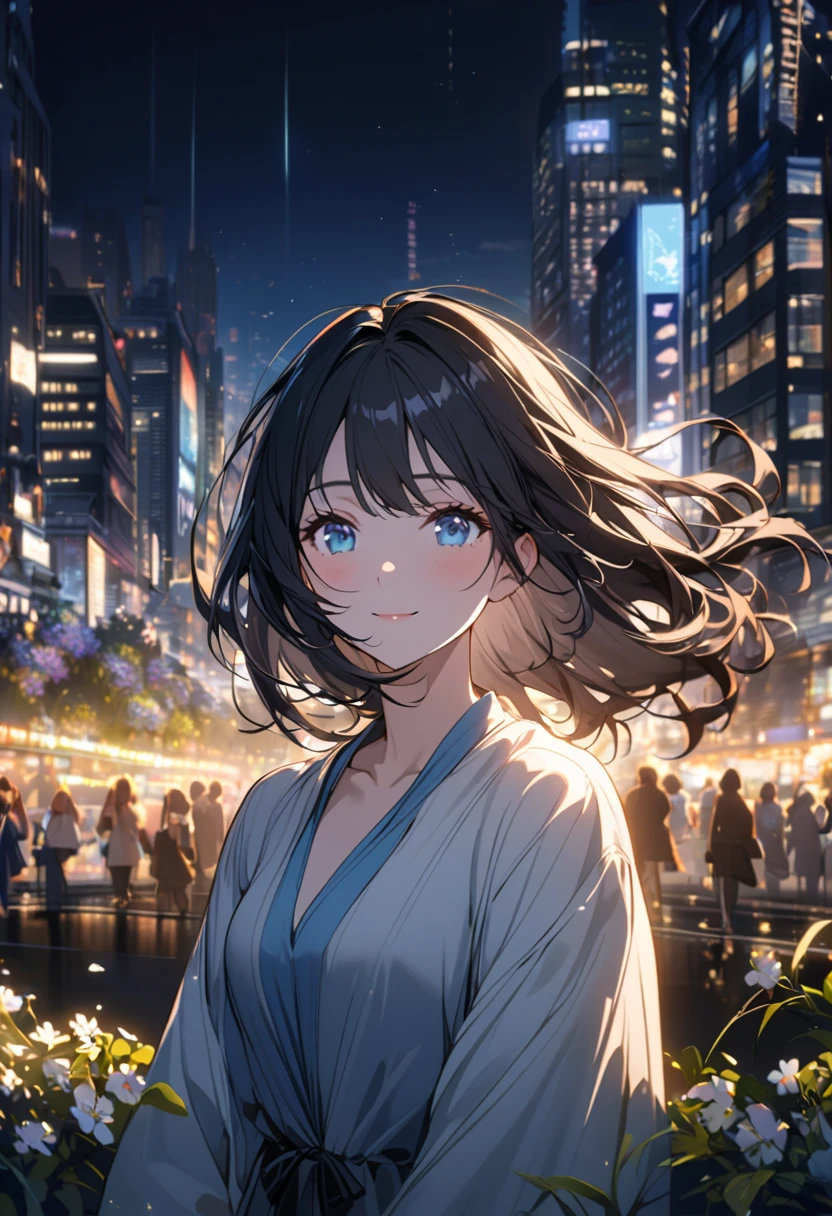 1 beautiful woman, alone, A gentle smile on her face , black hair, blue eyes, spring,Beautiful depiction,Face Up,night, City,very detailed