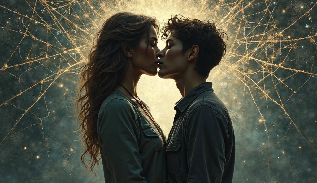 Two close friends, one whispering into the other’s ear, and in the background, a web of relationships trembles like a spider web touched by wind.