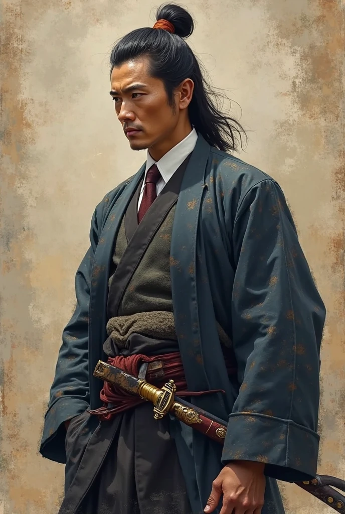 Japanese samurai in a suit, Japanese Samurai Hairstyle,high resolution,realistic,professional-level,detailed,HDR,4K,Attractive Poses,Solemn Expression,Strong posture,Japanese surname,Brilliant weapons,Calm Atmosphere,Lyrical,Traditional Japanese Style, Oil Painting 