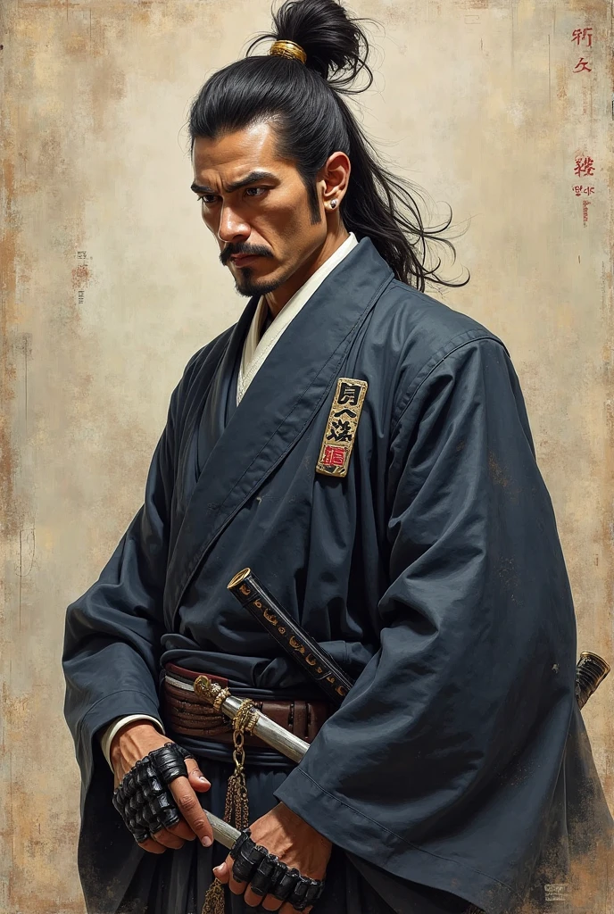 Japanese samurai in a suit, Japanese Samurai Hairstyle,high resolution,realistic,professional-level,detailed,HDR,4K,Attractive Poses,Solemn Expression,Strong posture,Japanese surname,Brilliant weapons,Calm Atmosphere,Lyrical,Traditional Japanese Style, Oil Painting 