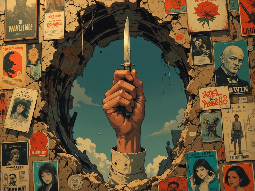 a hand holding a knife coming out from the hole on the wall, in the middle of collage chaos, vintage posters, random posters, on wall.