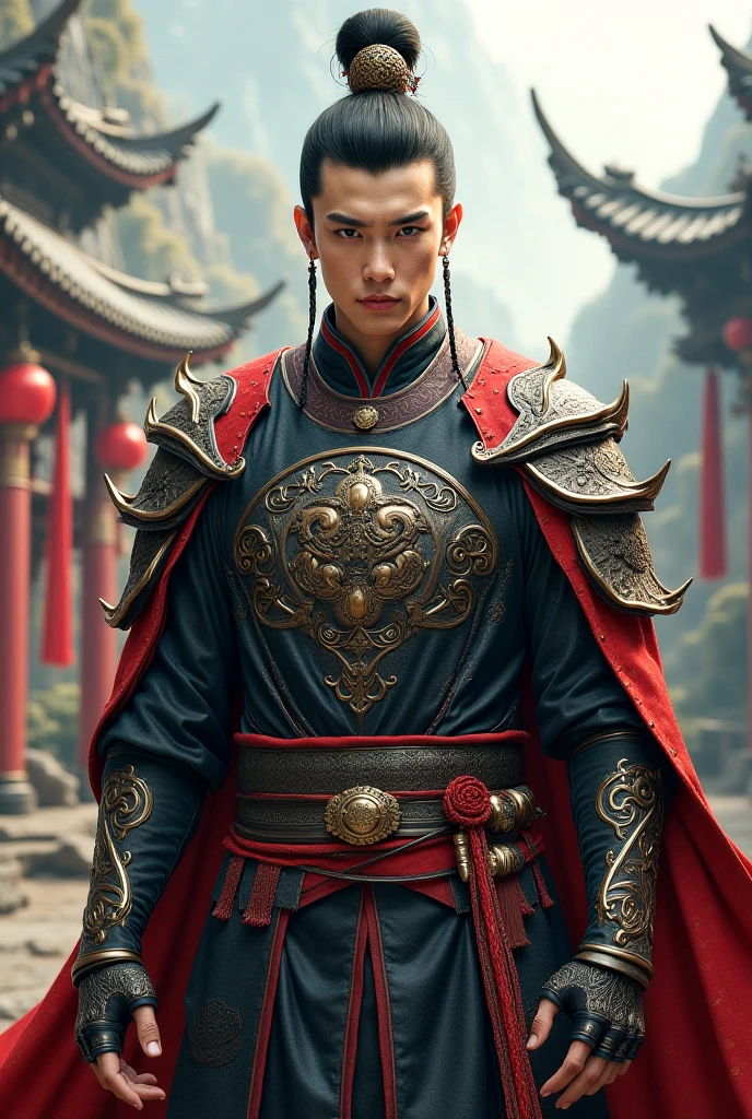 A handsome young Chinese man, losing his eye to one side, wearing an ancient Chinese warrior costume, a big, tall figure, strong.