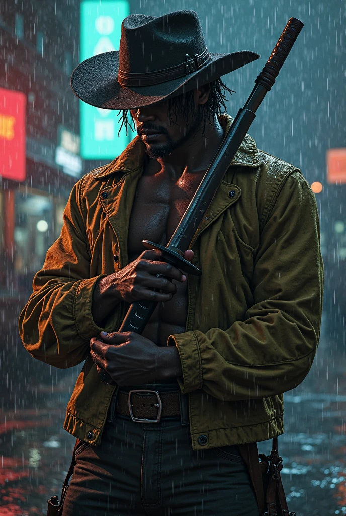black male cowboy bebop body, raining, holding his katana and cleaning it