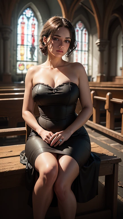 a dark and gritty photo of a seductive female vampire standing in a church, spooky, beautiful eyes, portrait, photo, curvy, cleavage, giant detailed ruby necklace, shy light smile, polaroid, up close, highly detailed Crystal Grey eyes, Red hair Soft Curved Bob cut, Large wooden stake stuck through her chest, lots of blood,
