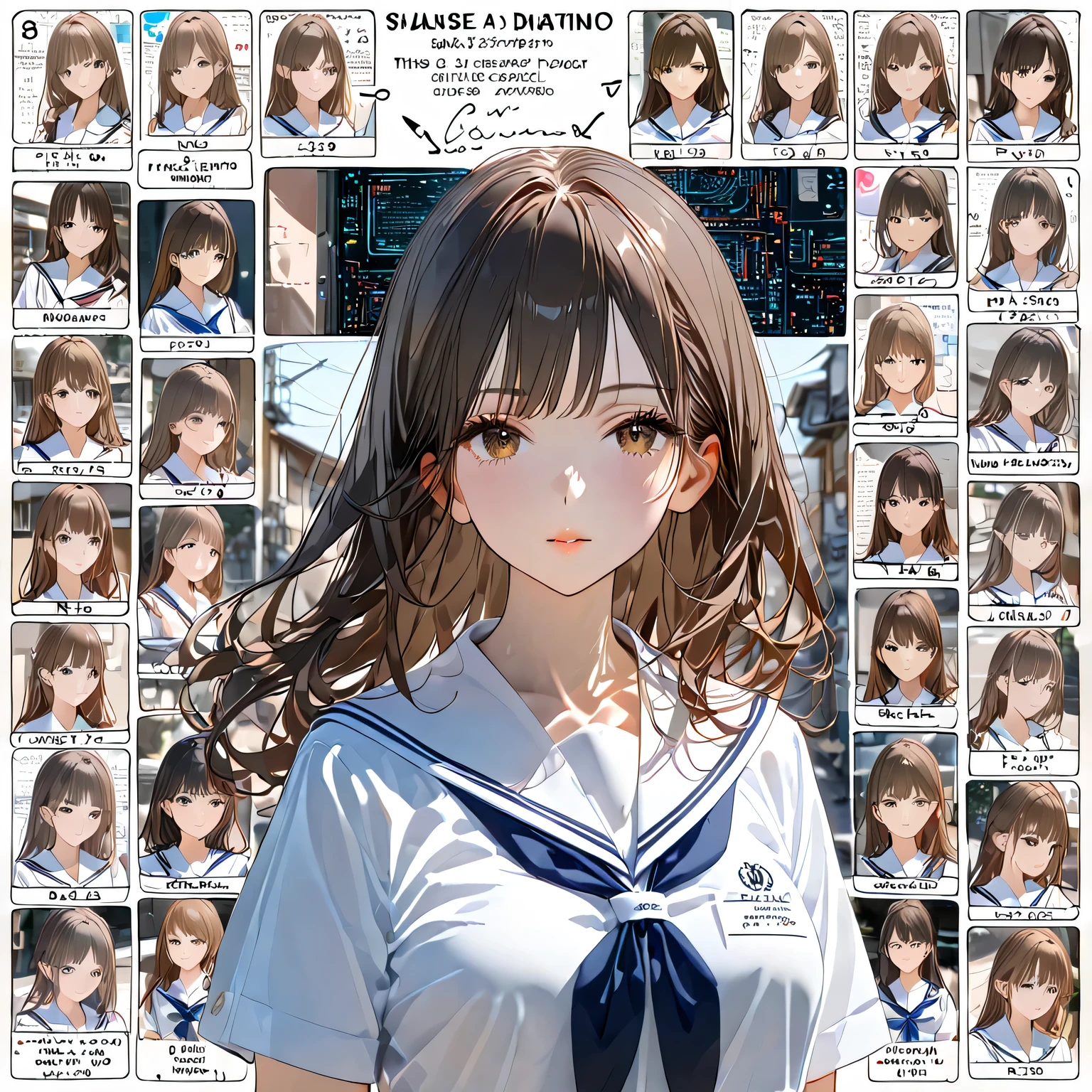 Breathtaking beauty, High Quality, 8k, precise animation , Portrait of an Upper Body Without People, complex semiconductor circuit diagram and electronic circuit in the background, adult Japanese woman between the buildings in the alley , Beautiful portrait of a modern Japanese woman, キャラクターとEnglish text collage, character and computer circuit, Japanese High School Uniforms:1.331, white sailor suit:1.331, summer sailor suit:1.331, typography with math and English digital codes, collage with lots of female illustrations, character sheet style collage, wavy hair on one side, dark brown hair with butt sticking high, This is a mixed media work, characters using English text and shapes, English text collage ,perfect configuration, proper placement in office clothes, golden ratio, characters expressed by mixing elements of silence and chaos ,