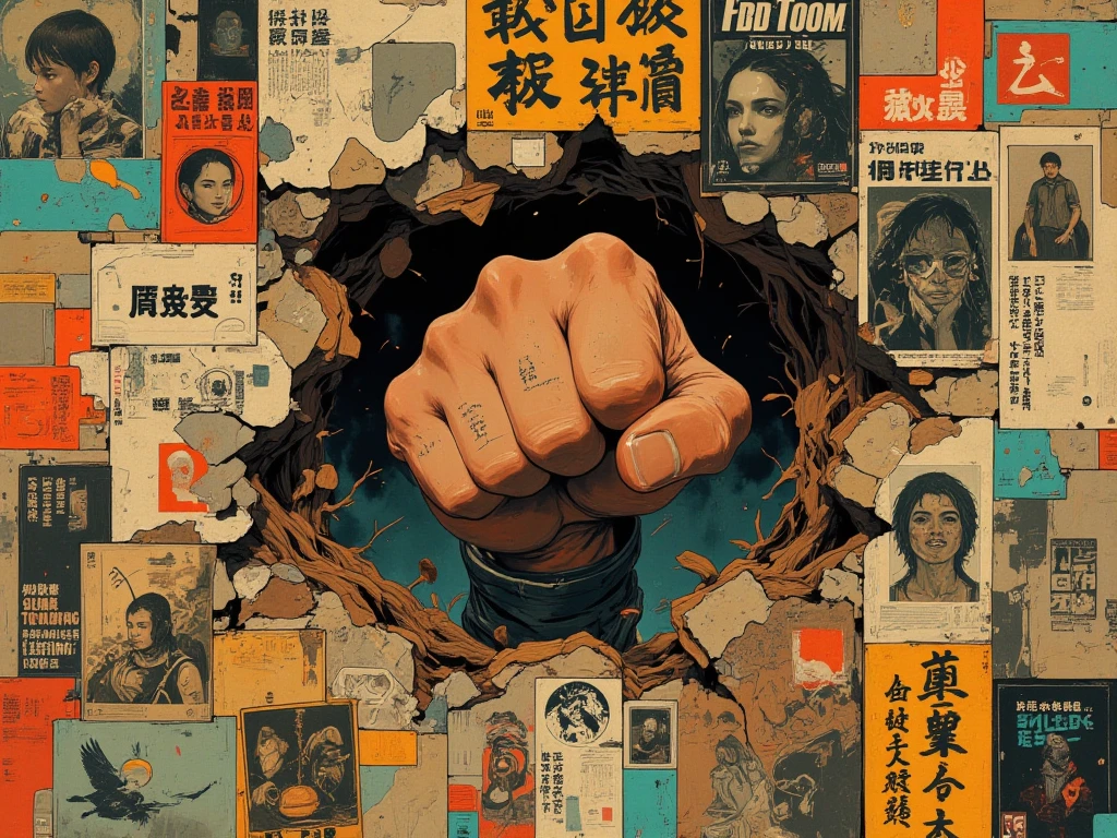 a fist comes out from the hole on the wall, frontal fist, in the middle of collage chaos, vintage posters, random posters, on wall.