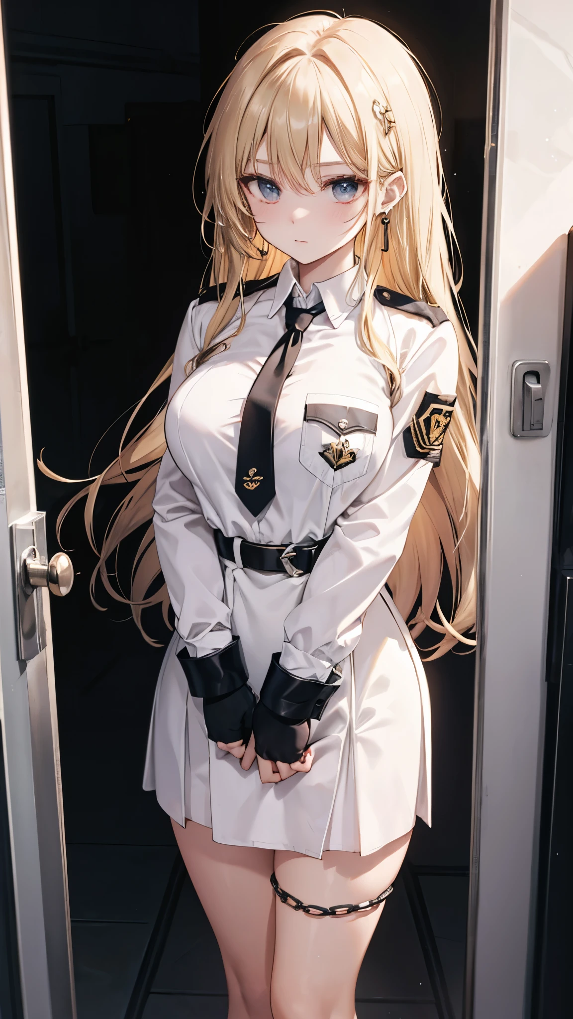 aiguillette, , blonde hair, ,necktie, shirt, white skirt, bondage, bound, bound wrists, breast pocket, caution tape, chain, chained, cleavage, cuffs, earrings, eyebrows visible through hair, fingernails, gloves, handcuffs, large breasts, lock, long fingernails, long hair, pencil skirt, piercing, pocket,uniform, prison clothes, shackles, , uniform, watch, wristwatch,long hair,护士,bitch