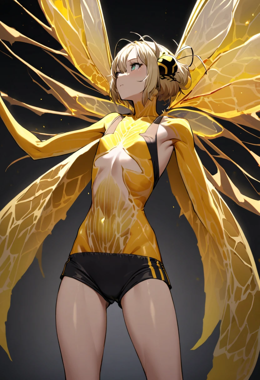 Cute girl, short yellow hair, bright eyes, chicken ears, feathers, chicken tail, big breasts, exposed belly, short pants 