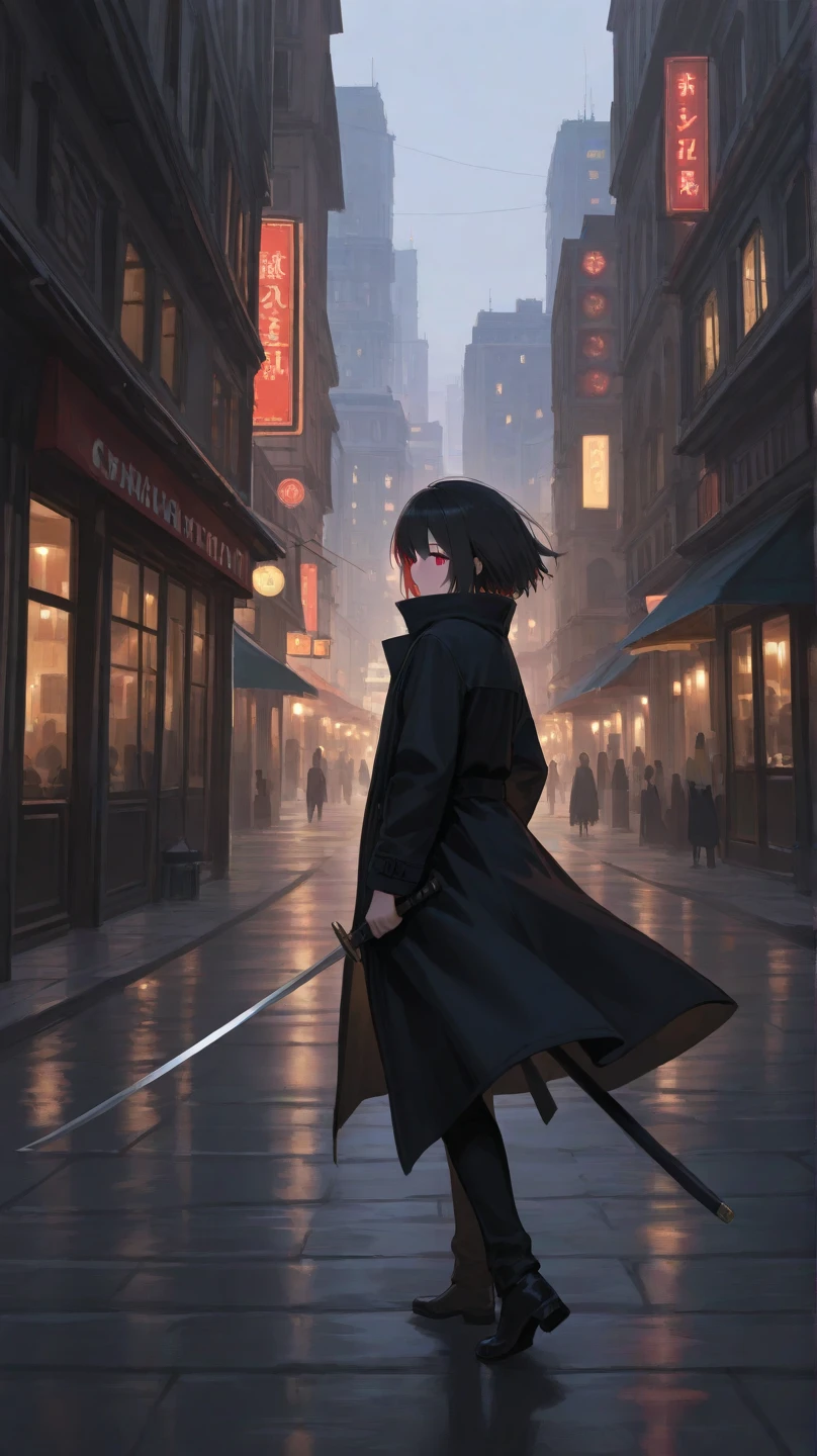 anime girl, black hair, old city, with sword, black coat, red eye