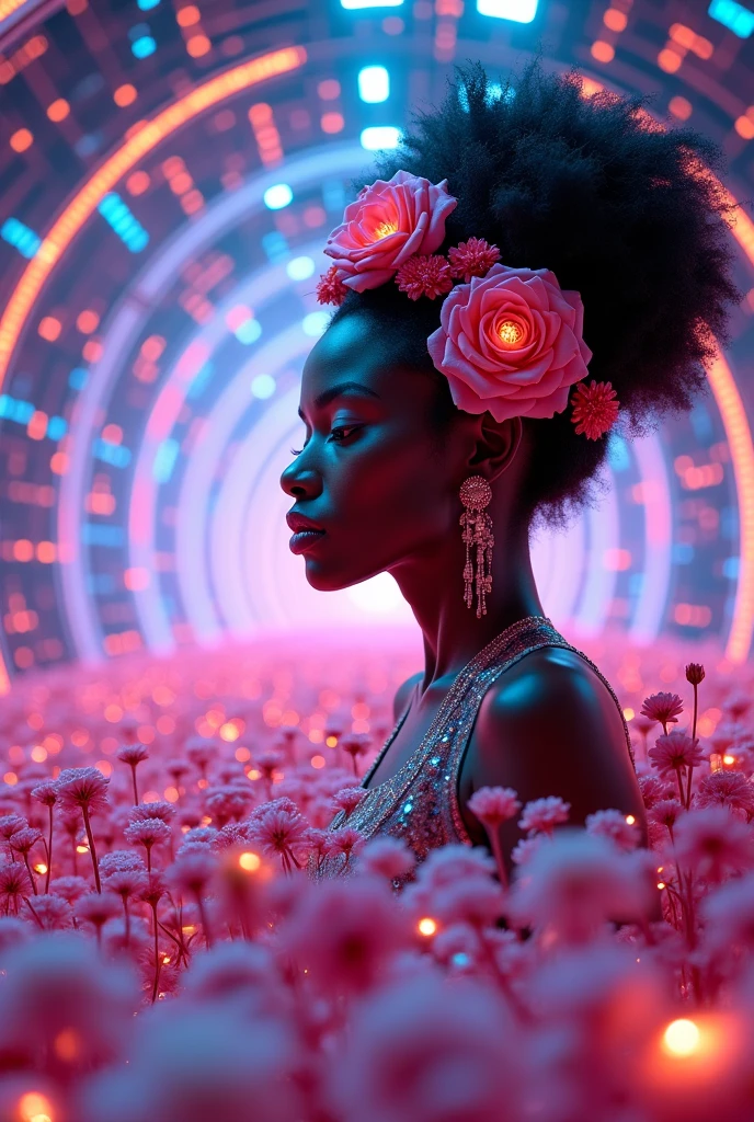 
> "A glowing, futuristic train floats through an infinite mirrored tunnel, surrounded by shifting kaleidoscopic lights and surreal reflections. Inside the train, a regal Black woman with radiant skin and a cosmic afro adorned with blooming roses and shimmering stardust gazes calmly into the void. The tunnel pulses with vivid neon patterns and fractal geometry. As the train moves, flowers blossom in slow motion and dissolve into clouds of sparkling particles. Time bends, reflections multiply infinitely, and the scene flows with psychedelic motion. Ultra-detailed textures, cinematic lighting, and vibrant 4K color palette. Surreal, dreamlike, and hypnotic."
