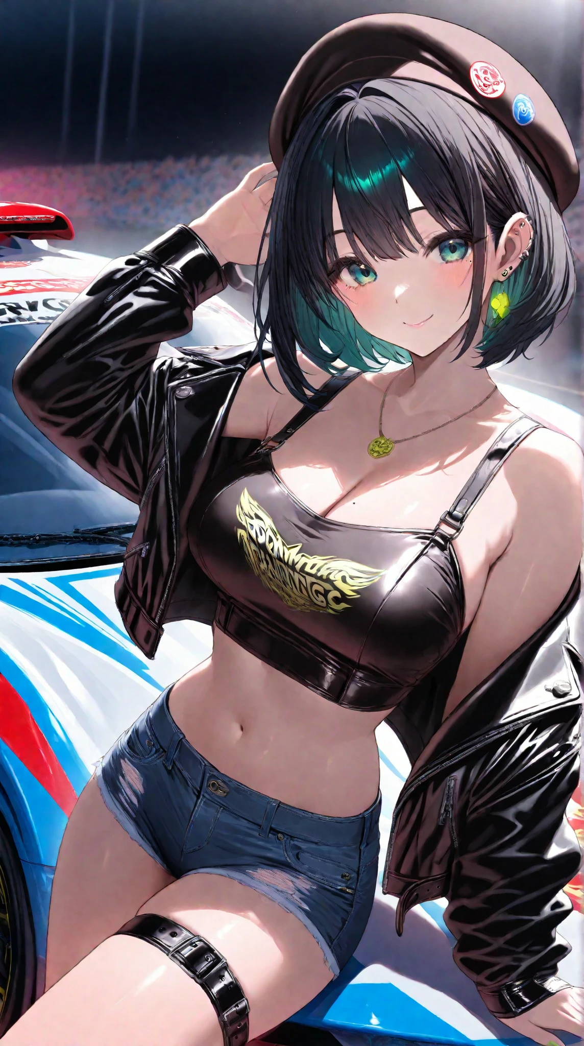anime girl on a motorcycle wearing a short blue dress and blue leather bra, breasts, shorts, blurry background, 1girl, race queen, brown hair, blurry, smile, navel, looking at viewer, outdoors, skindentation, day, solo focus, bikini, brown eyes, swimsuit