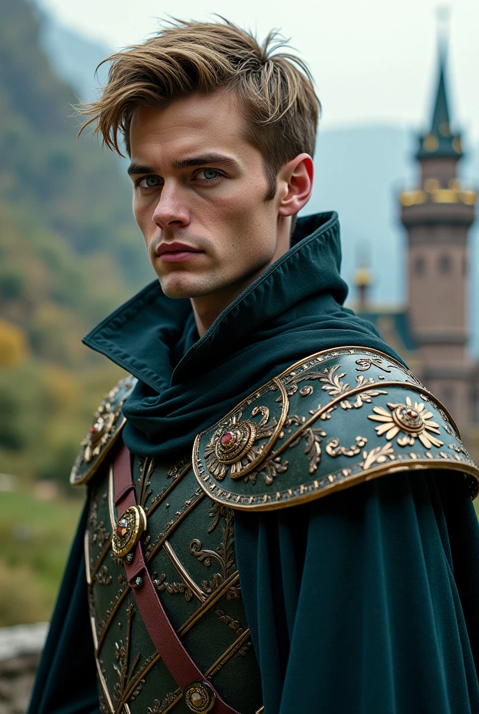 A handsome man with light brown hair and gray eyes in a fantasy kingdom