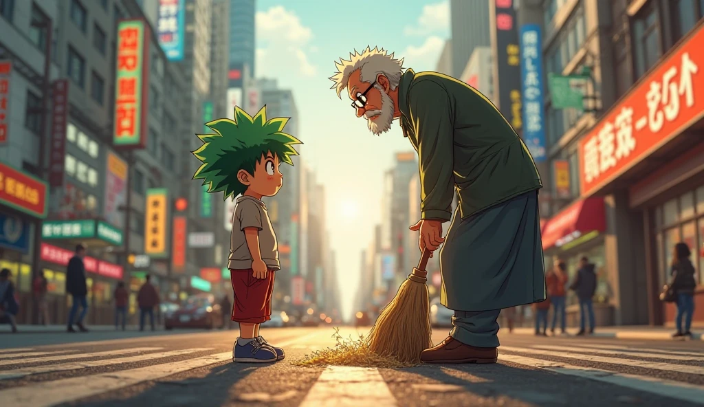 Midoriya izuku is greeting her street sweeper grandfather. With a unique perspective