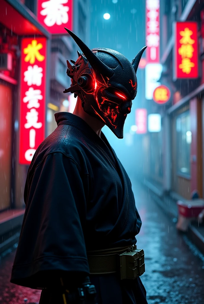 A cinematic digital painting of a mysterious man wearing a highly detailed, futuristic mask with Japanese aesthetics — the mask features elements inspired by traditional oni masks and sleek cyberpunk design. He stands in a neon-lit Tokyo alley, with glowing kanji signs, subtle rain reflections, and atmospheric fog swirling around him. The scene has a moody, dramatic lighting style with strong contrast, reminiscent of a sci-fi film. The man wears a black kimono fused with modern tactical gear. Ultra-detailed, ultra-realistic, 4K resolution, no distortions, perfect ???????, sharp focus, and flawless rendering.