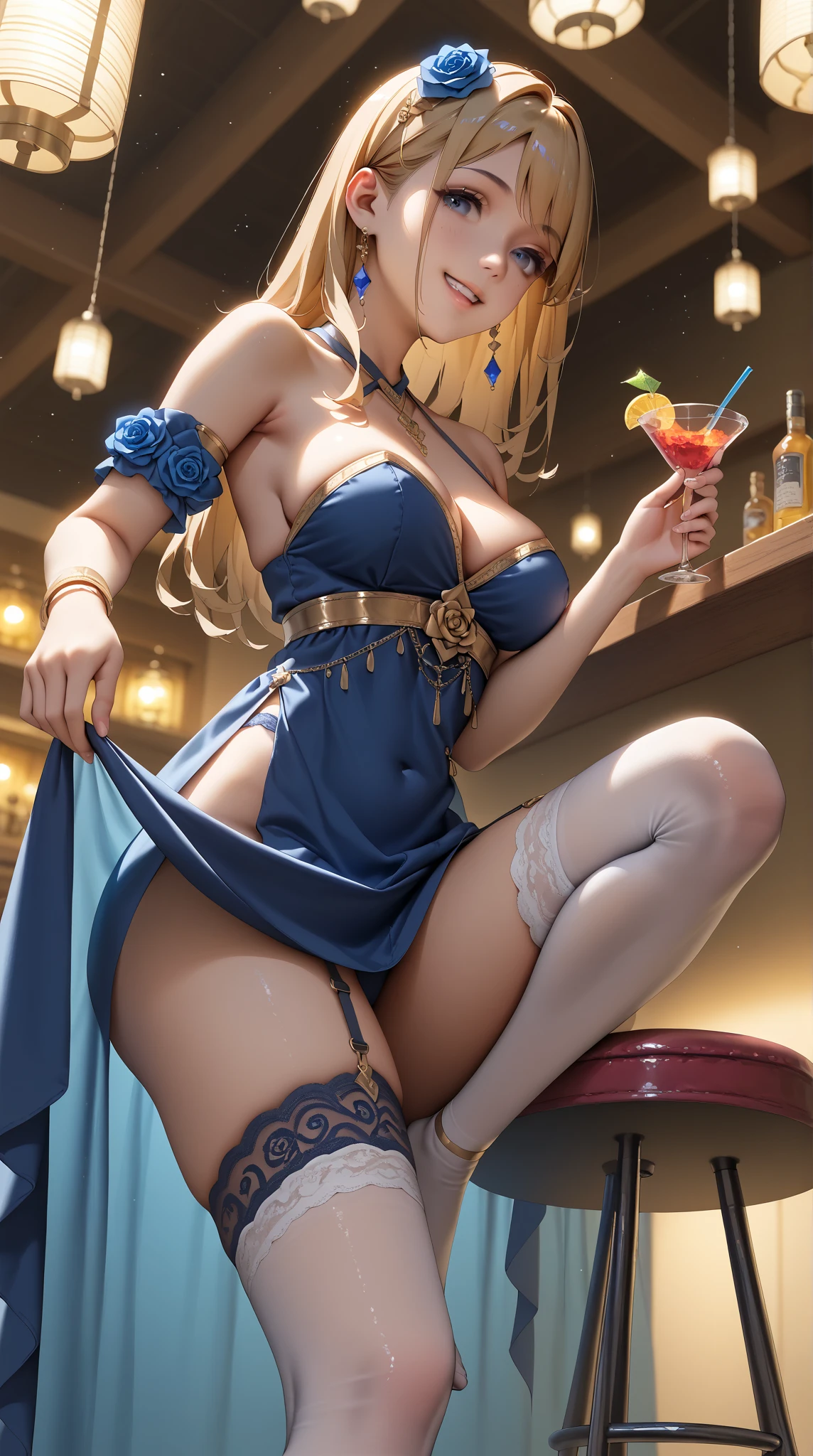 (best quality) (masterpiece) (highres), original, extremely detailed wallpaper, ((1beautiful woman)), sitting a bar chair, (hair ornament), (medium breasts: 1.2), full body, beautiful detailed eyes, (blonde hair), long hair, (long ponytail), blue eyes, (seductive smile (delicate face))off the shoulder, playboy bunny, black pantyhose, high heels, bar, ((oil skin: 1.2), (full body)