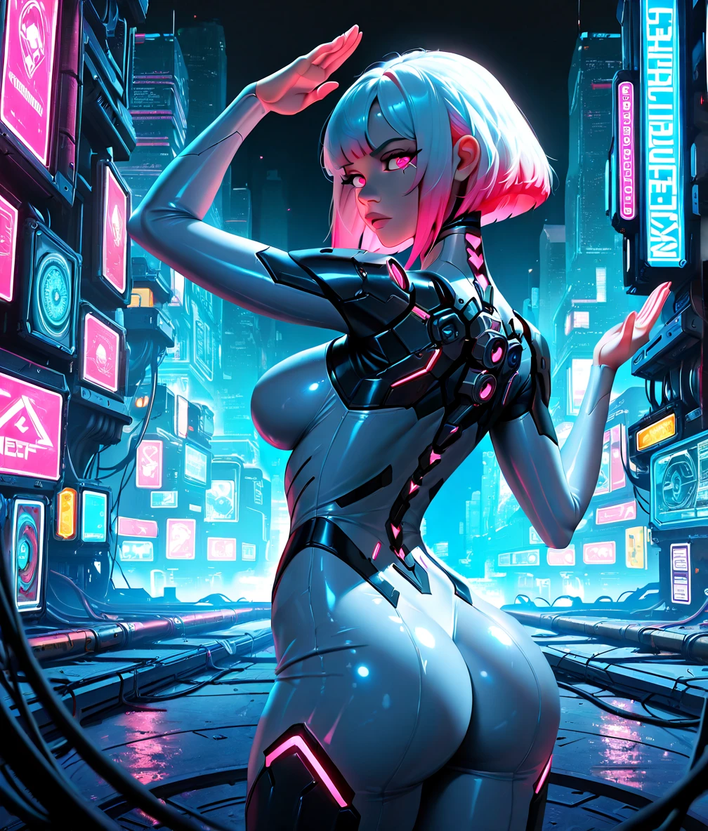 uma pintura digital da spider gwen utilizando touca e mascara, References to classic comic book outfit Long Hair, arte cyberpunk de Josan Gonzalez, vencedora do concurso behance, afrofuturismo, synthwave, neon, neon brilhante,coxas grossas, cintura fina, sensual, nsfw, pouca roupa, arte erotica, anime, roupas rasgada de batalha, extremamente sexualizada, corpo suado, NSFW, seios grandes, bunda grande, HD, 8k, Alta qualidade, detalhes, corpo perfeito, destaque o corpo, detalhe no rosto perfeito, Detail in the background