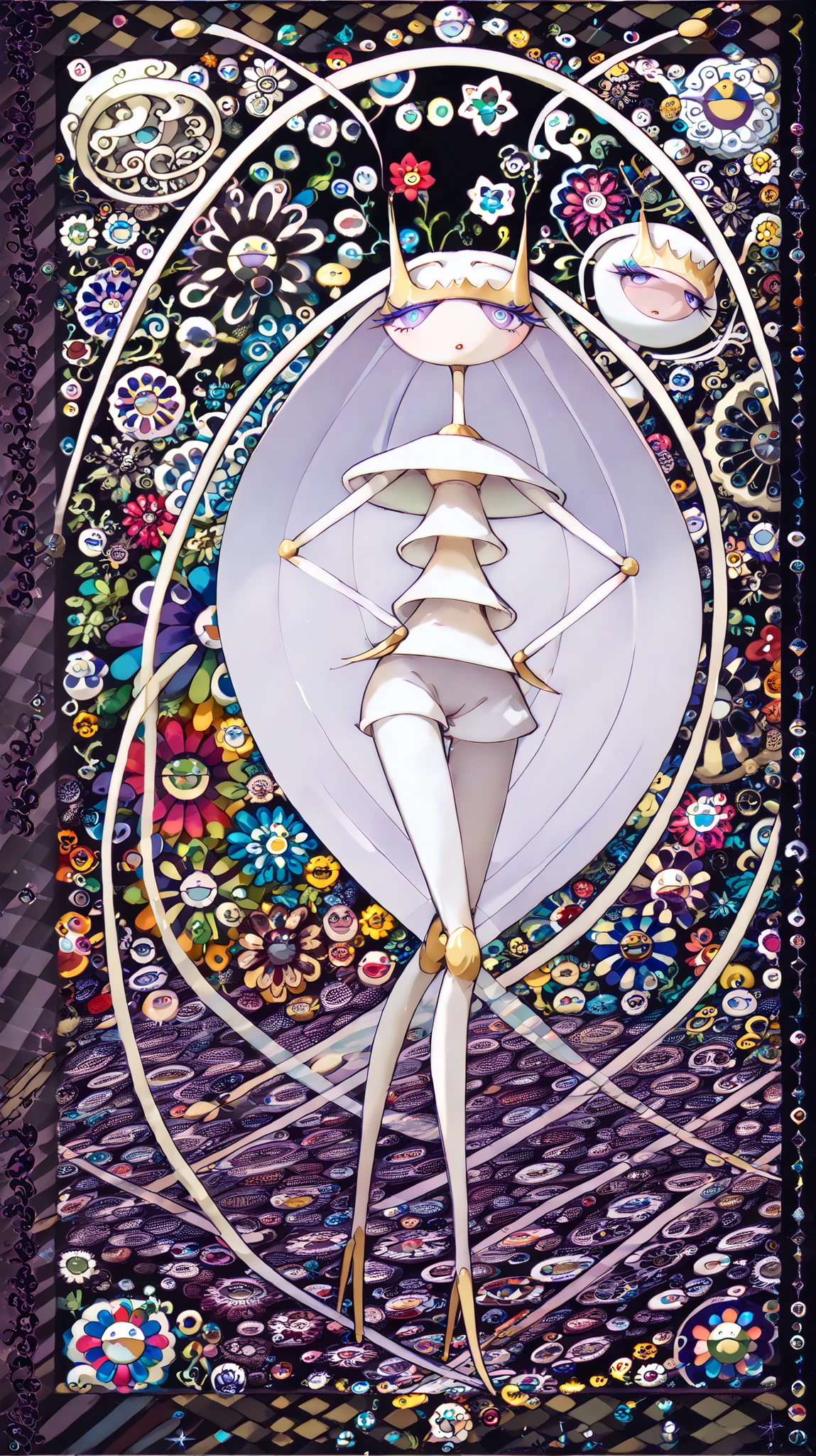 in style of Takashi Murakami , beatiful face, feet,best quality,tonemapping, sharp focus, hyper detailed,(pheromosa),best quality,beautiful,pokemon,(2 fingers),(Clear eyes),solo,detaileds,8K,(slender:1.3),wallpaper,jumping kick,{Colorful flowers on black background), (pheromosa:1.0), intricate digital painting, highly intricate and colorful, dark but detailed digital art, Highly detailed symmetry, detailed digital artwork, Symmetrical intricate details, plethora of colors,colorful intricate masterpiece,(Sticker style:1.5),(Geometric pattern background:1.5),frontage、Sticker style,((over view)),(portrait),